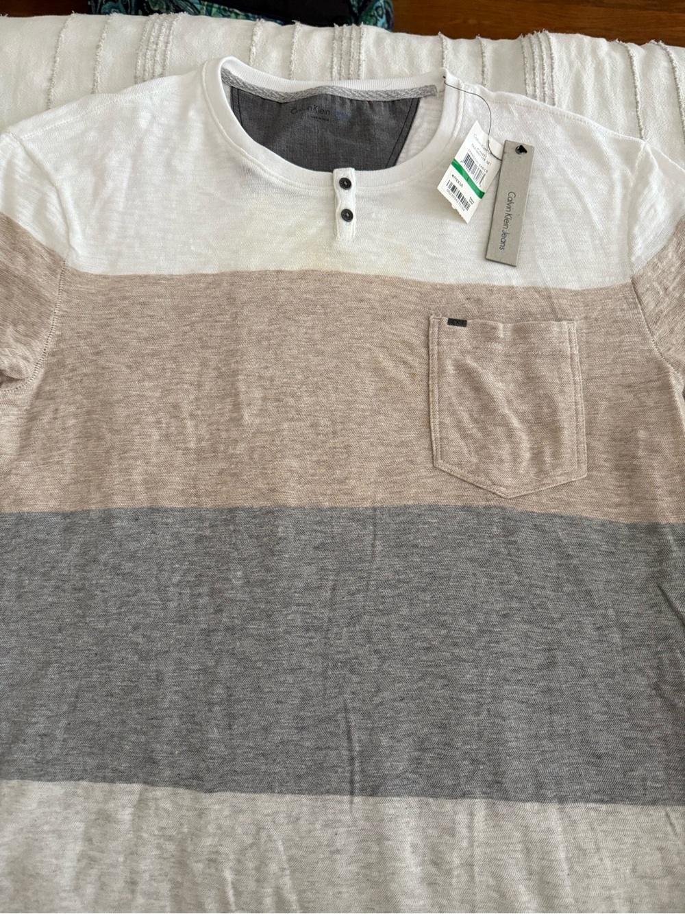 Calvin Klein Jeans Three-Tone White, Beige and Gray Short Sleeve Henley